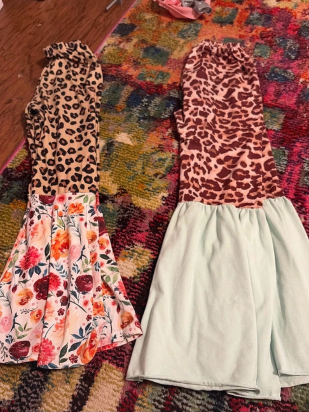 Source Unknown Girls' Leopard & Floral Bell-Bottom Skirts in Beige, Brown & Mint